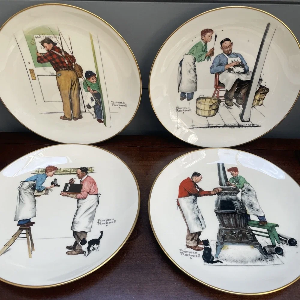 Vtg 1979 NORMAN ROCKWELL PLATES, A HELPING HAND FOUR SEASONS GORHAM CHINA 10.5